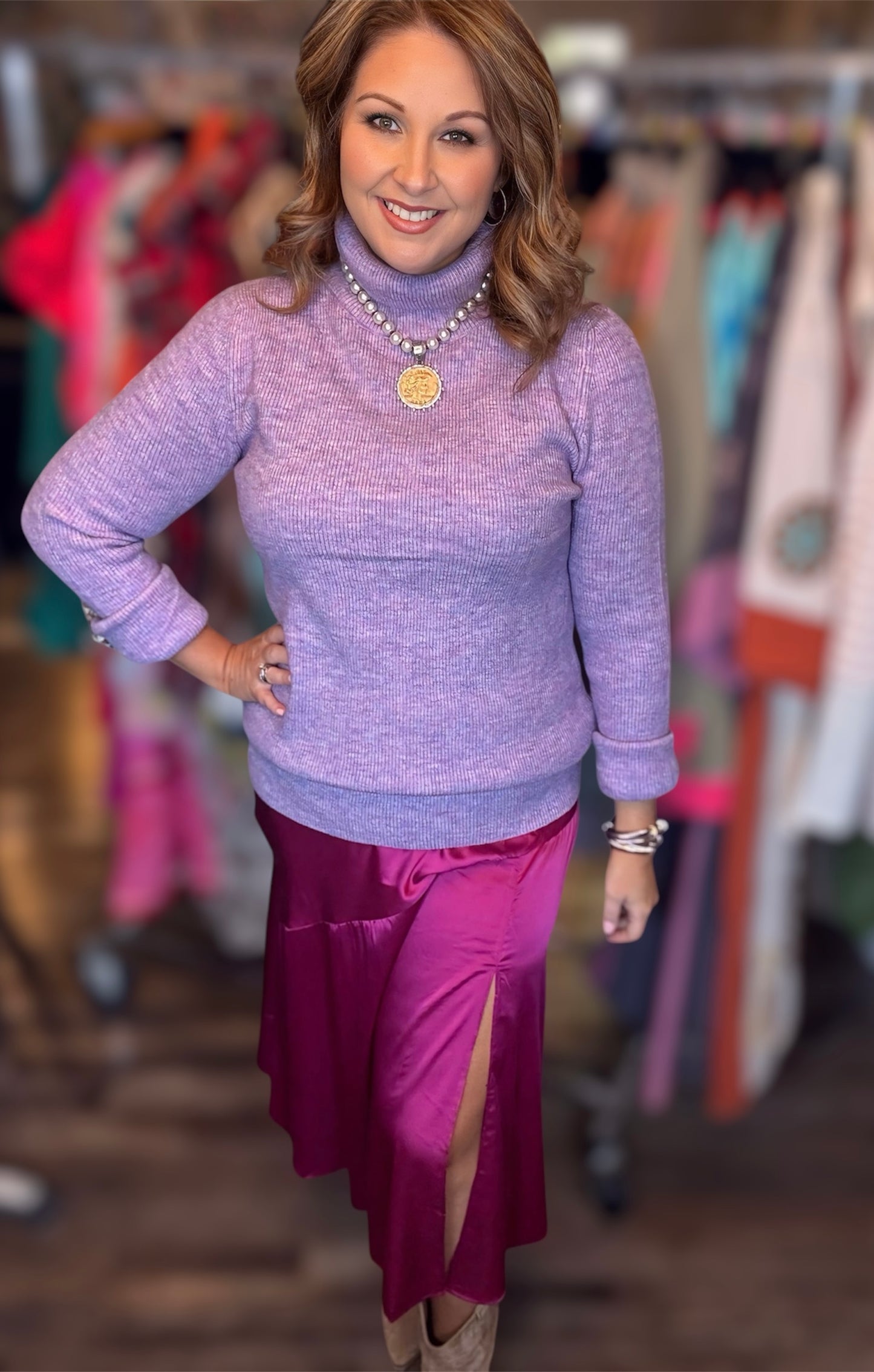 Plum Satin Midi Skirt