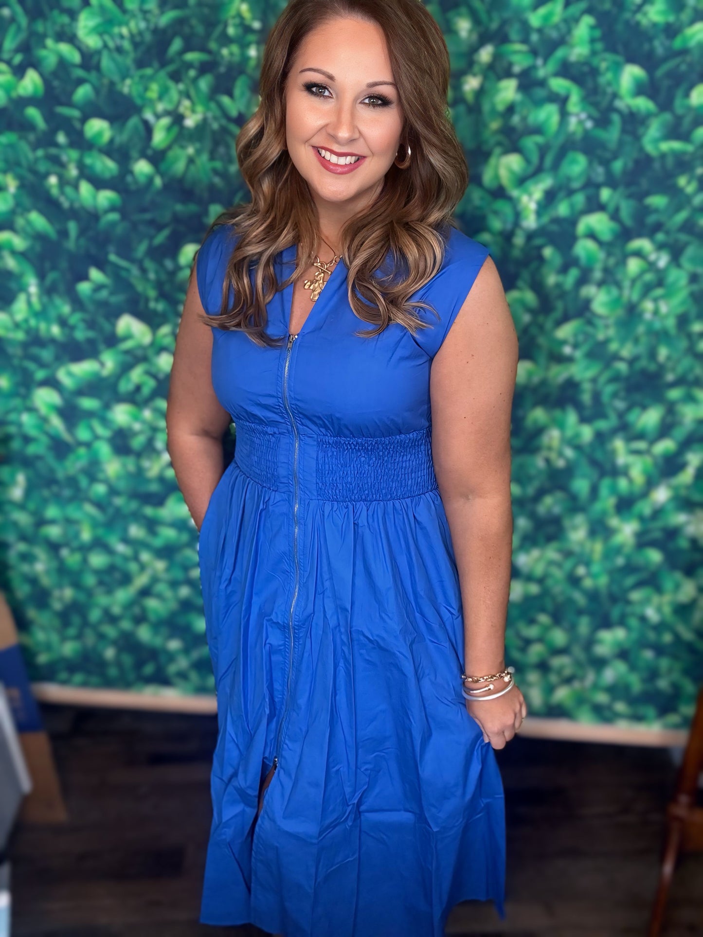 Blue Smocked Zip Dress