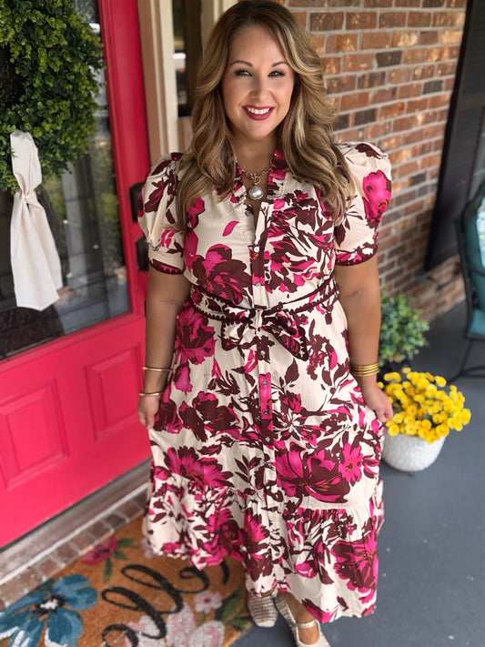 Entro Pink Floral Button-Front Midi Dress