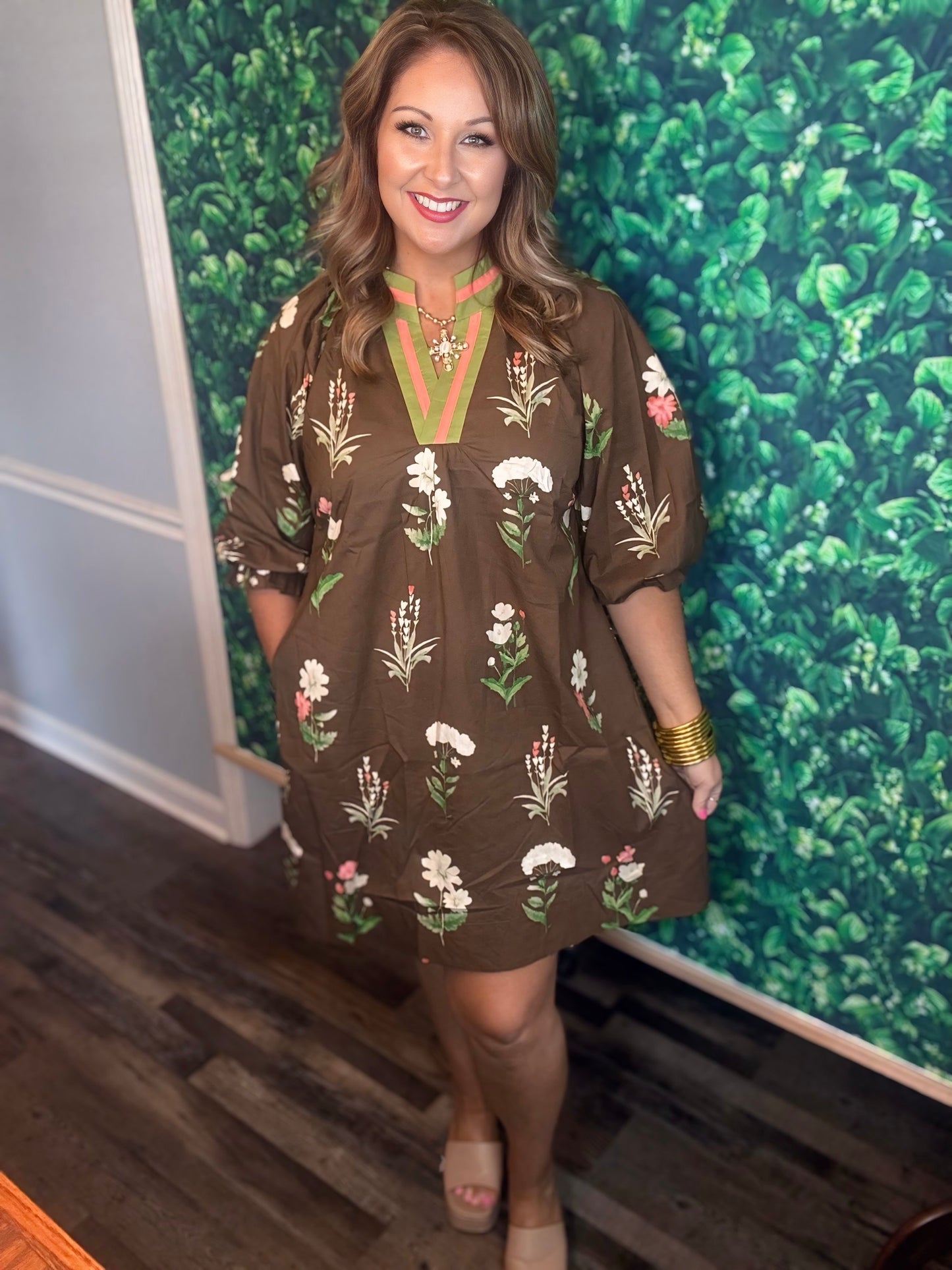 Floral Tunic Dress with Contrast Trim- Brown