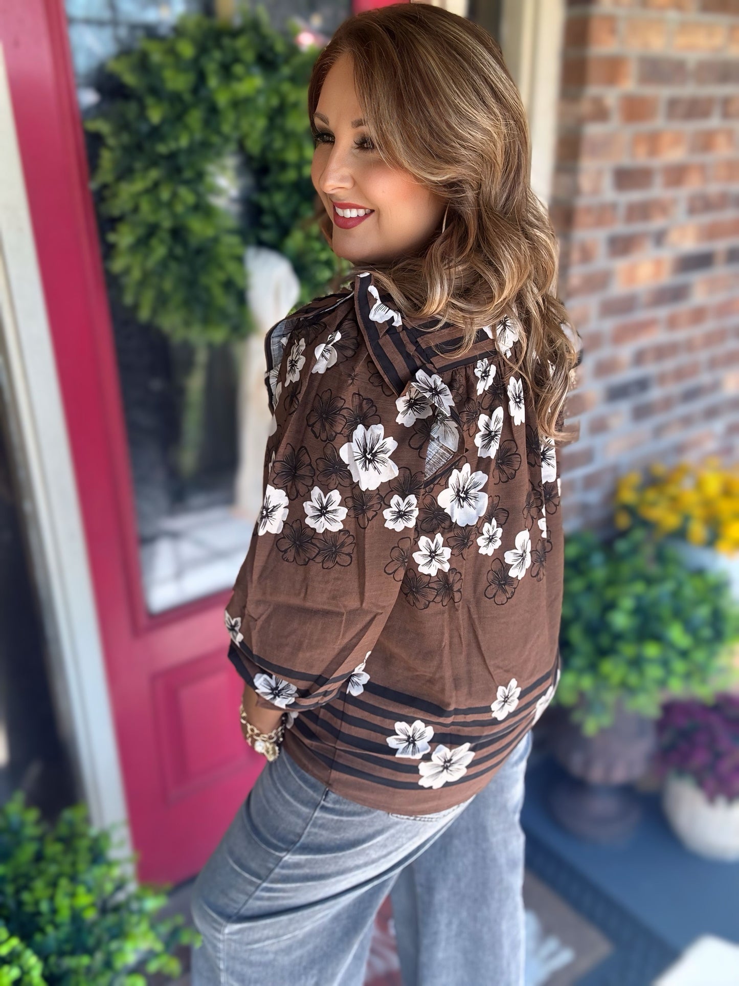 Chocolate Floral Smocked Ruffle Blouse