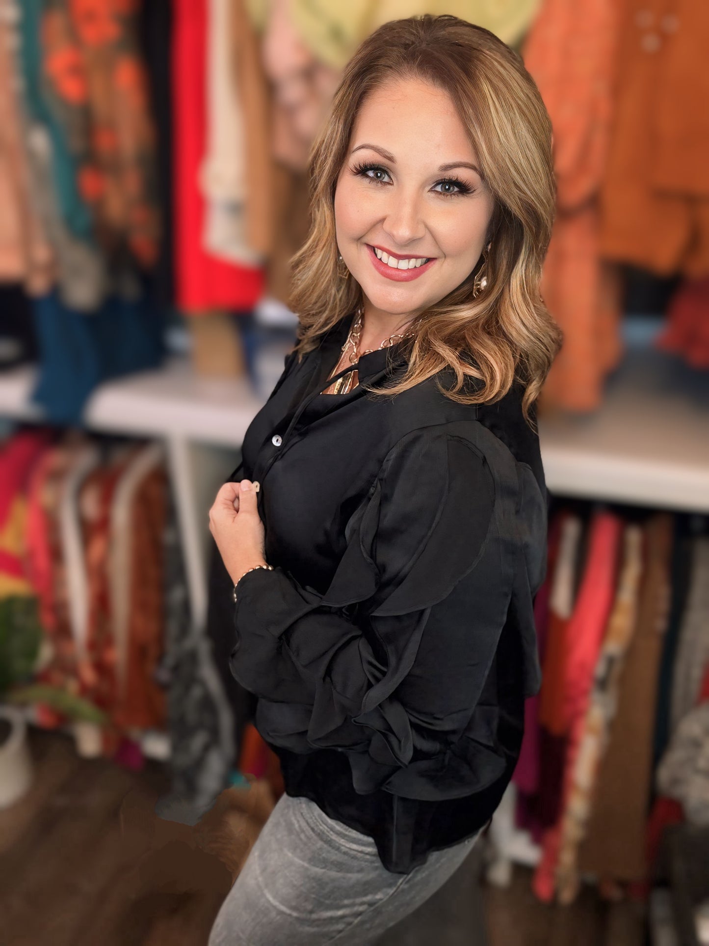 CRINKLED SATIN BUTTON DOWN TOP