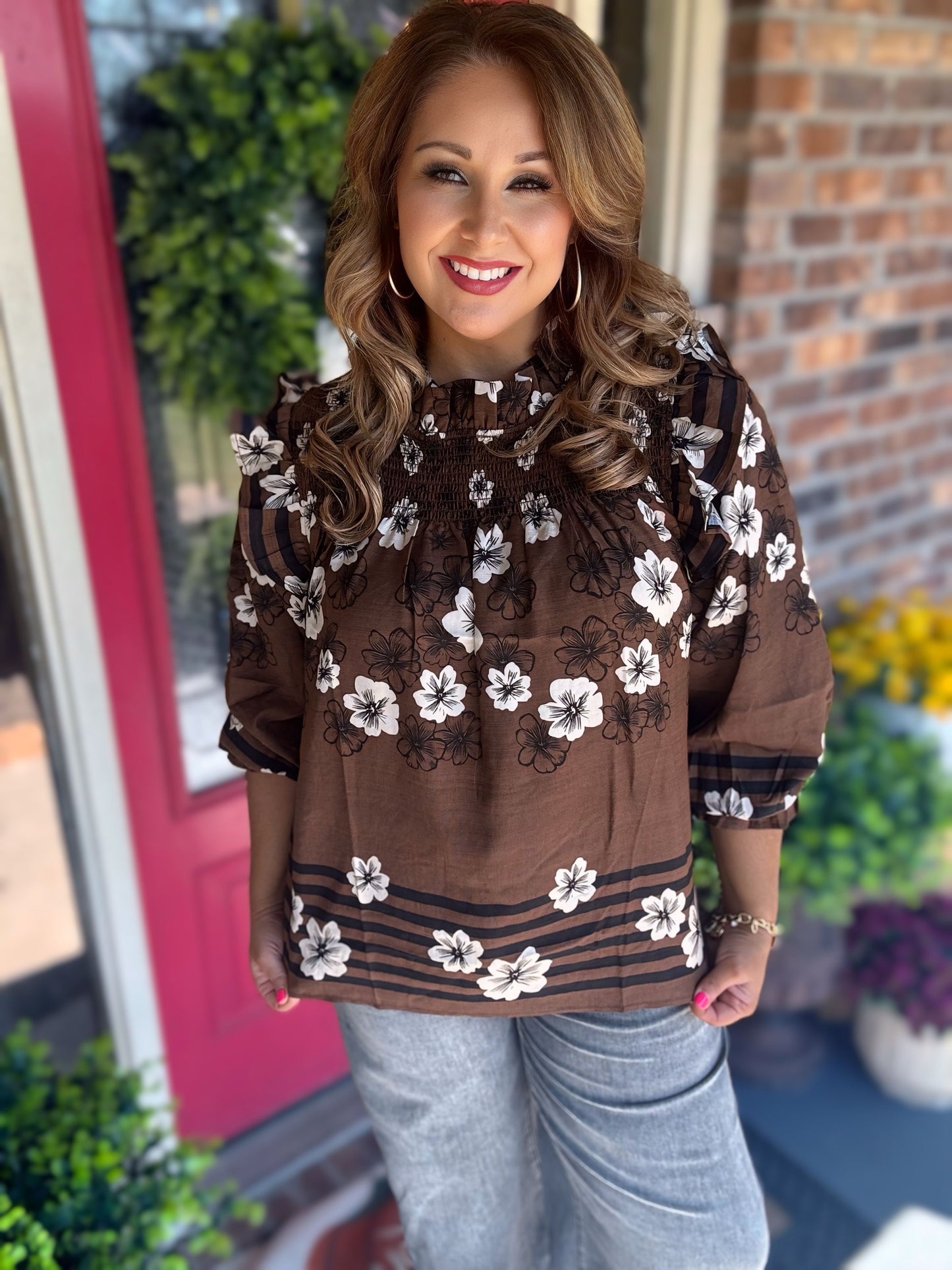 Chocolate Floral Smocked Ruffle Blouse