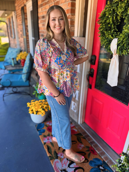 PATCHWORK PRINTED BABYDOLL TOP