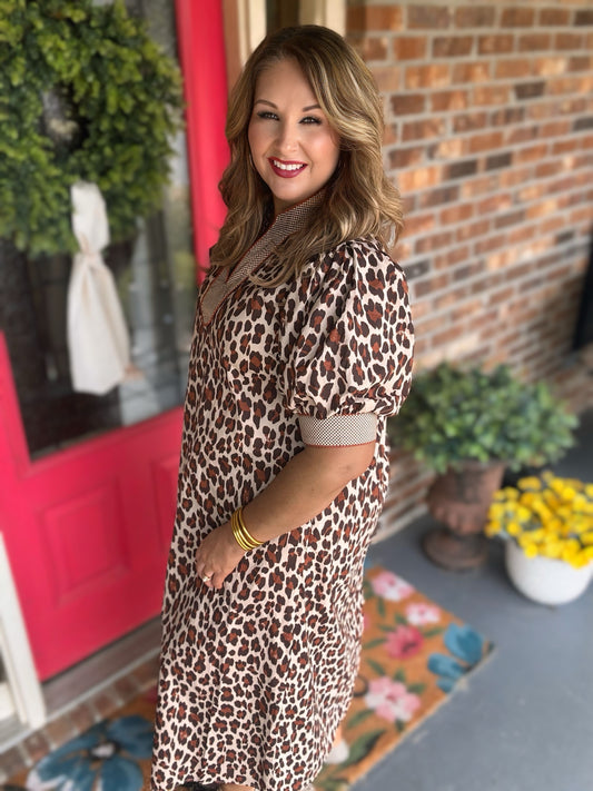 Ecru Leopard Gingham Trim Midi Dress