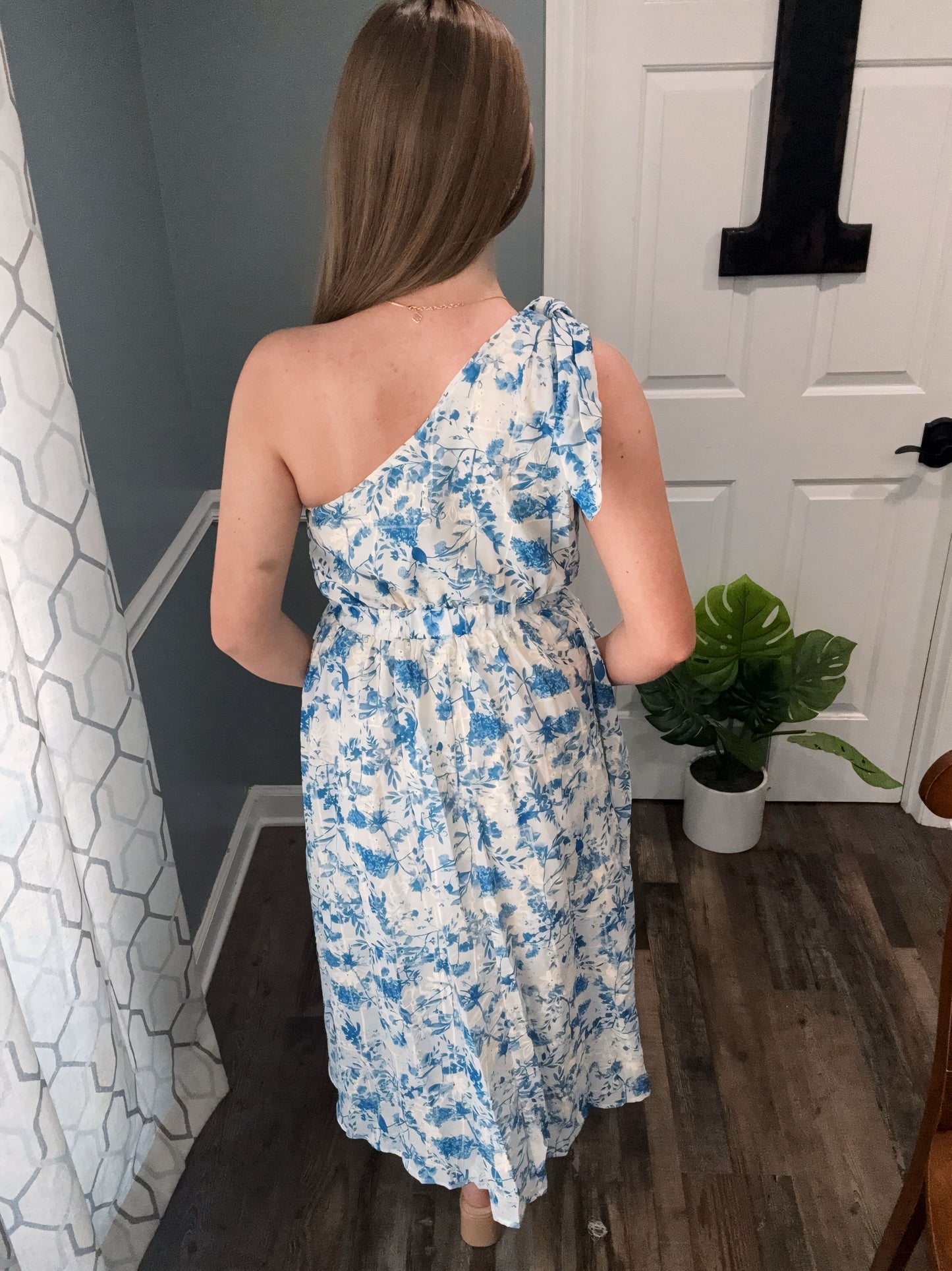 Blue and white one shoulder eyelet dress