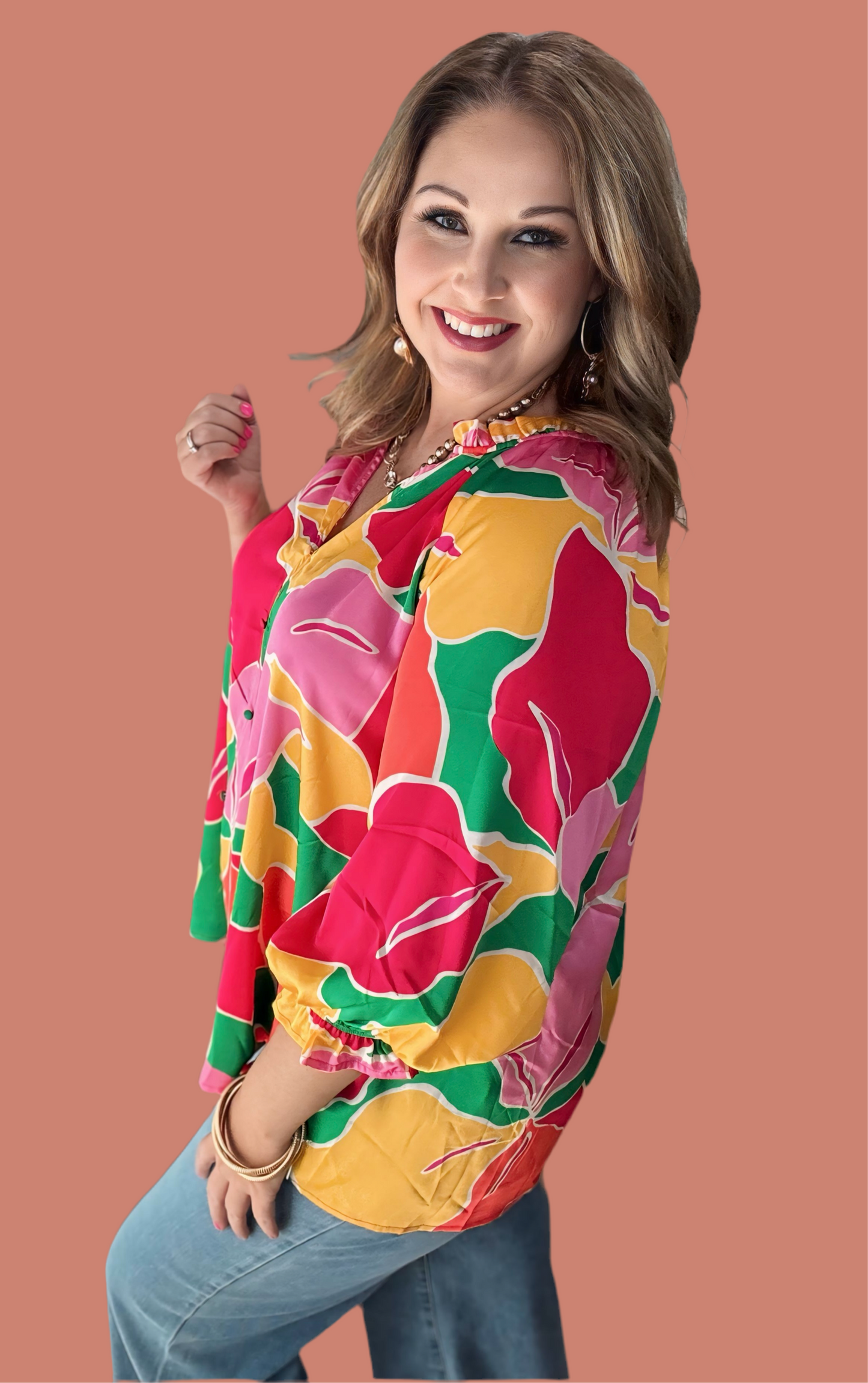 Multicolor ruffle sleeve v-neck blouse in yellow