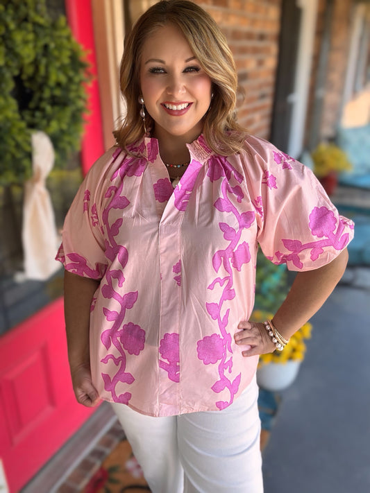 Pink Print Smocked Collared Top