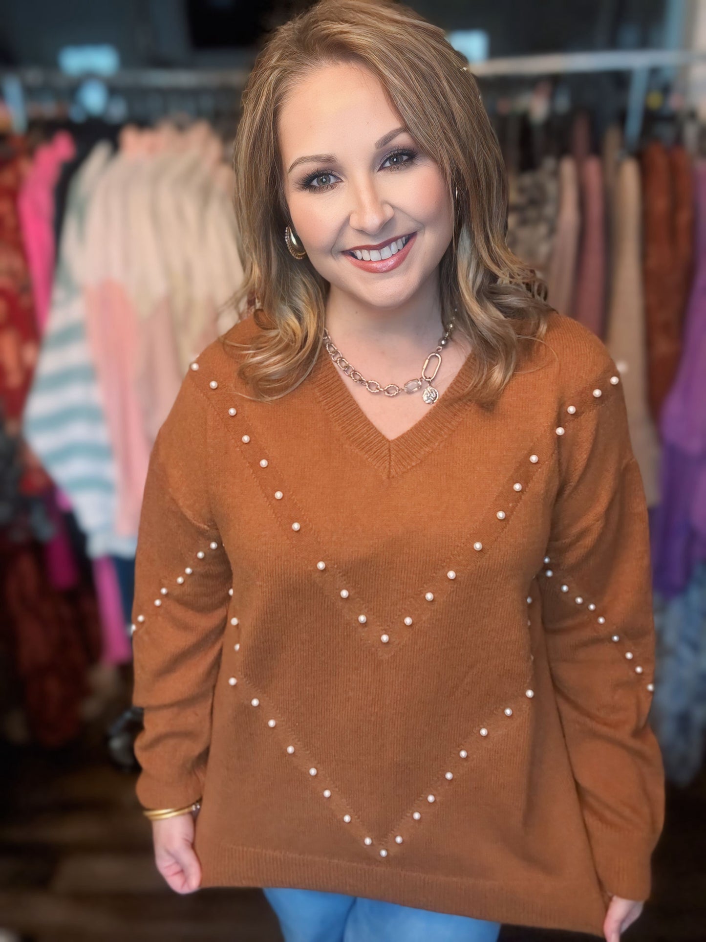 Burnt Orange Sweater with Pearl Detail