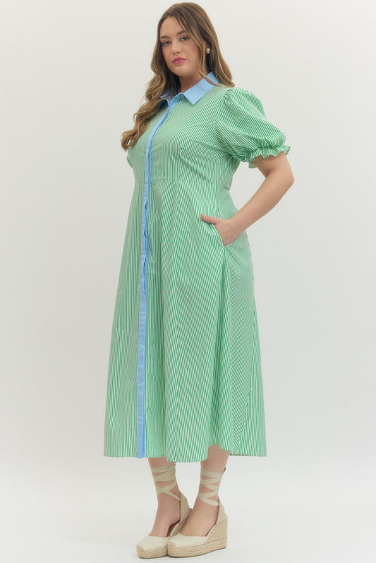 Entro Stripe Puff Sleeve Midi Dress Reg/Plus