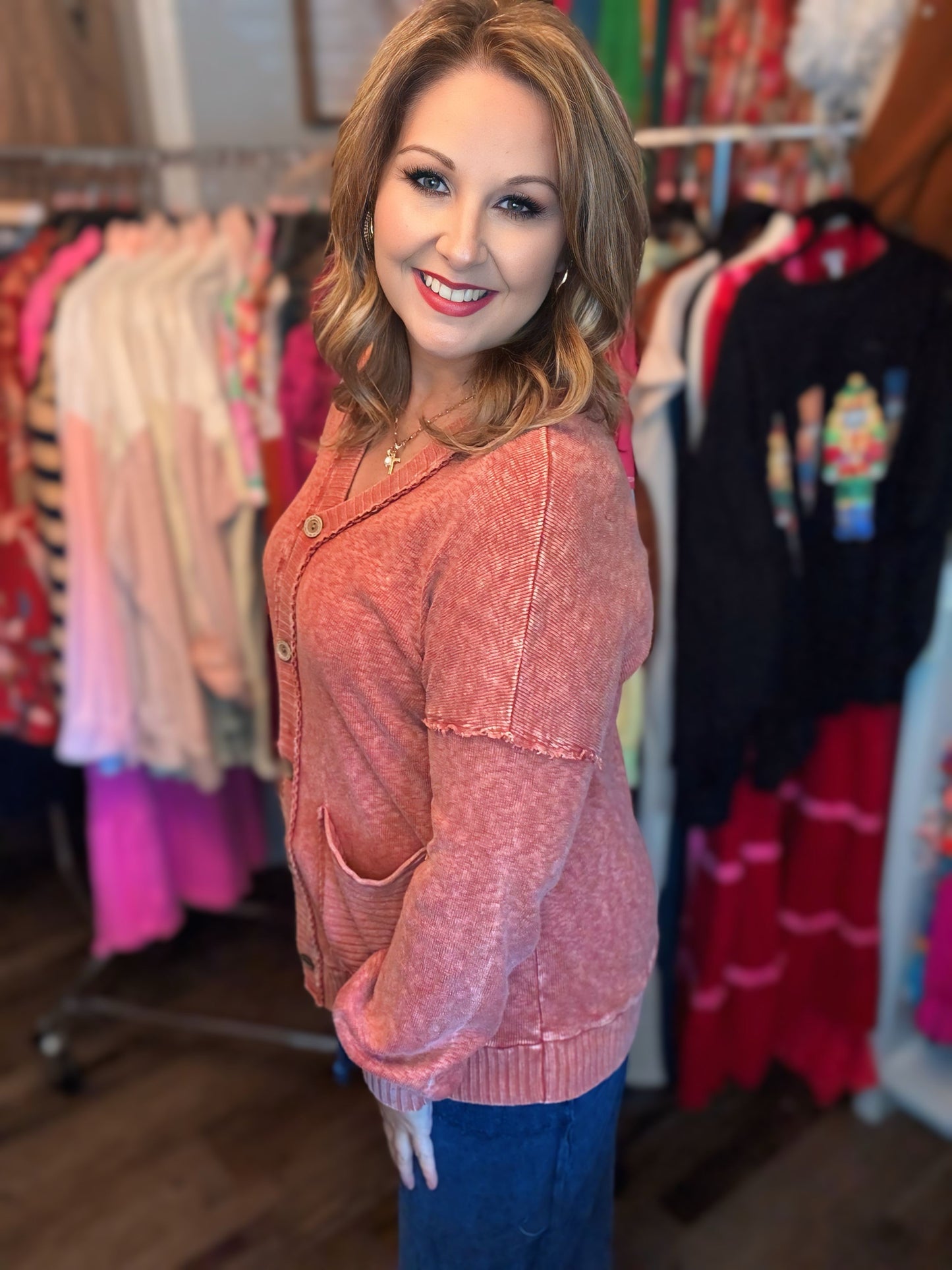 MineralWash Melangie sweater pocket cardigan Burnt Orange