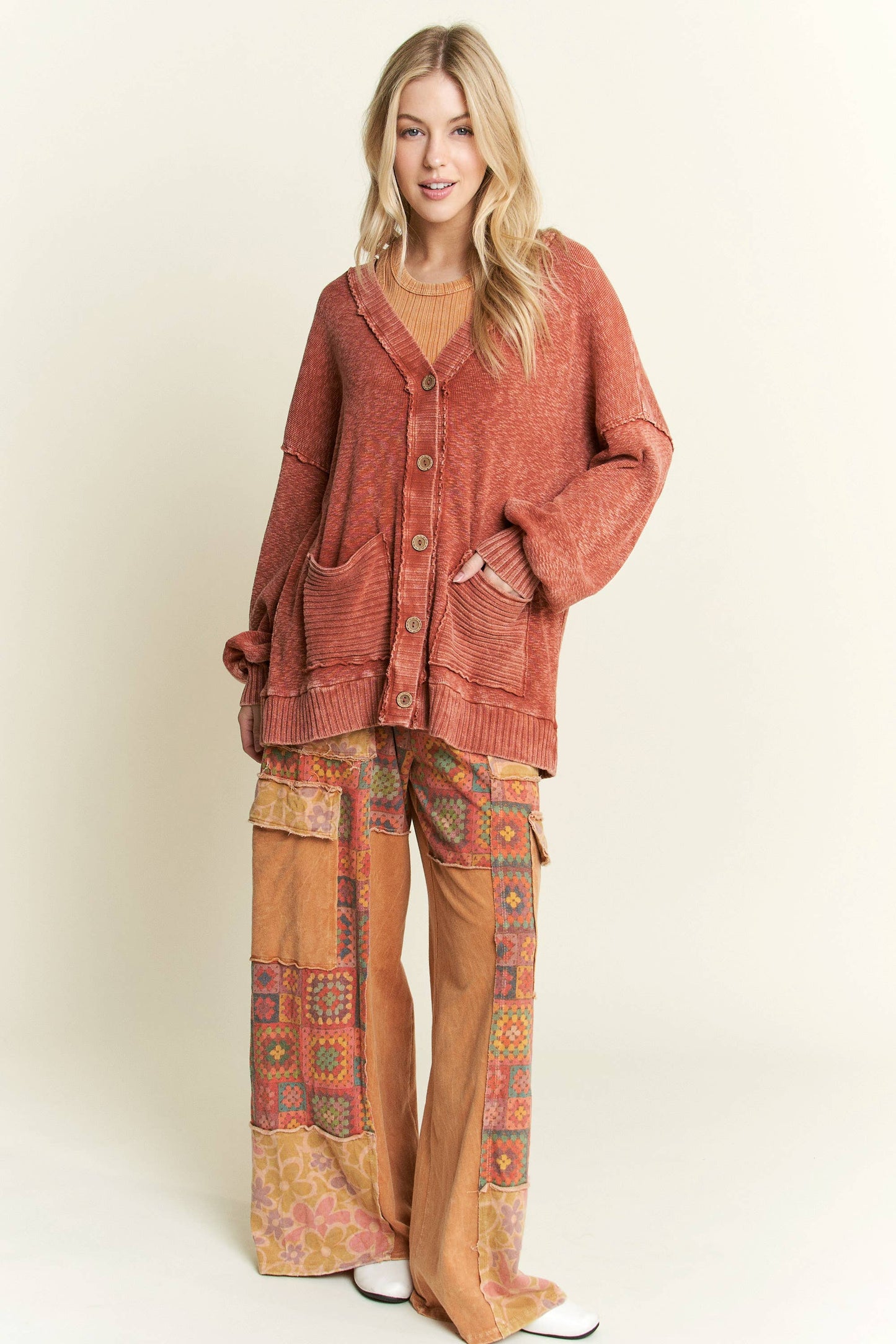 MineralWash Melangie sweater pocket cardigan Burnt Orange