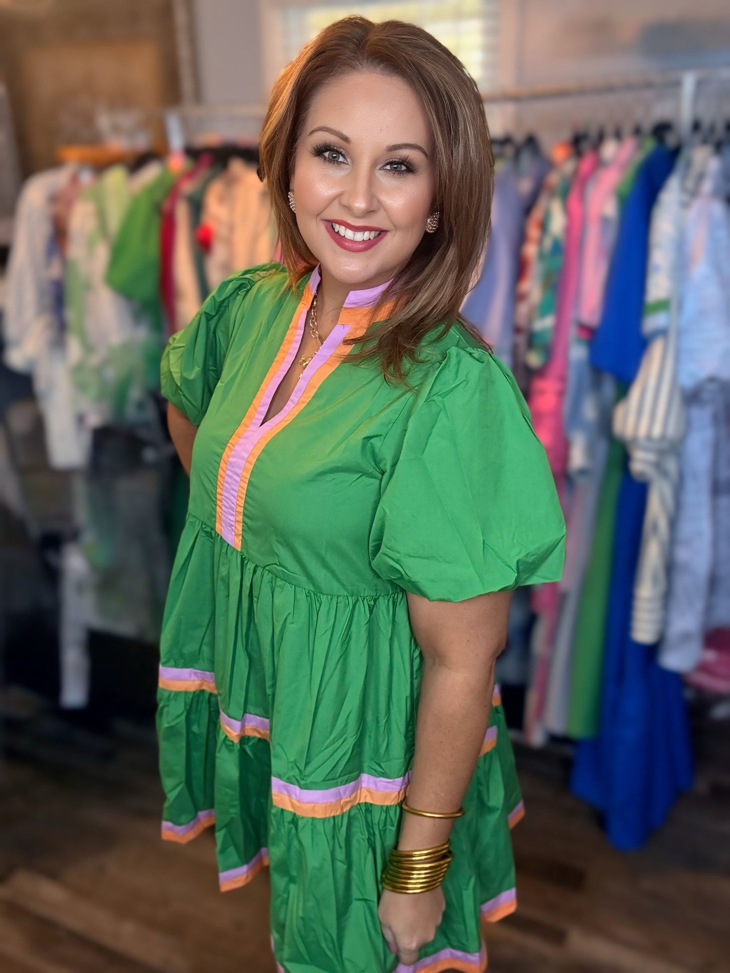 Green Bubble Sleeve Dress