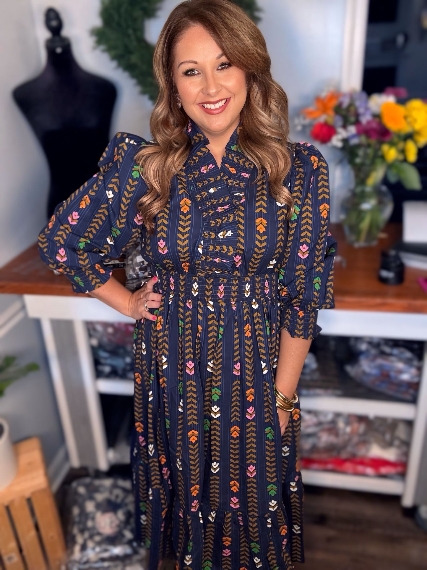 Floral Midi Dress- Ruffle Collar