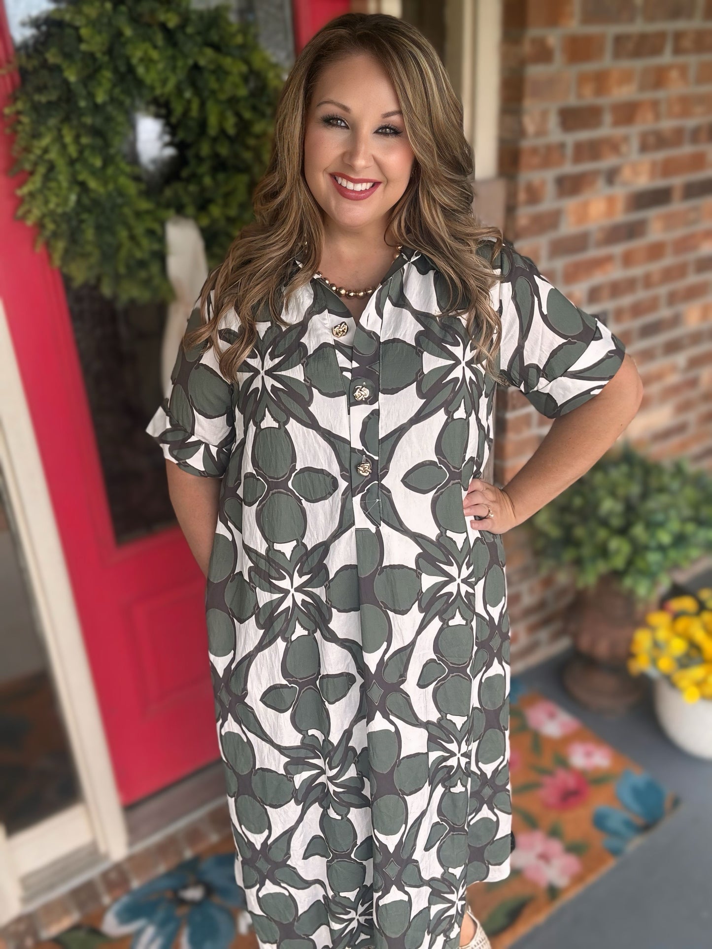 Entro Olive Printed Button Front Midi Dress