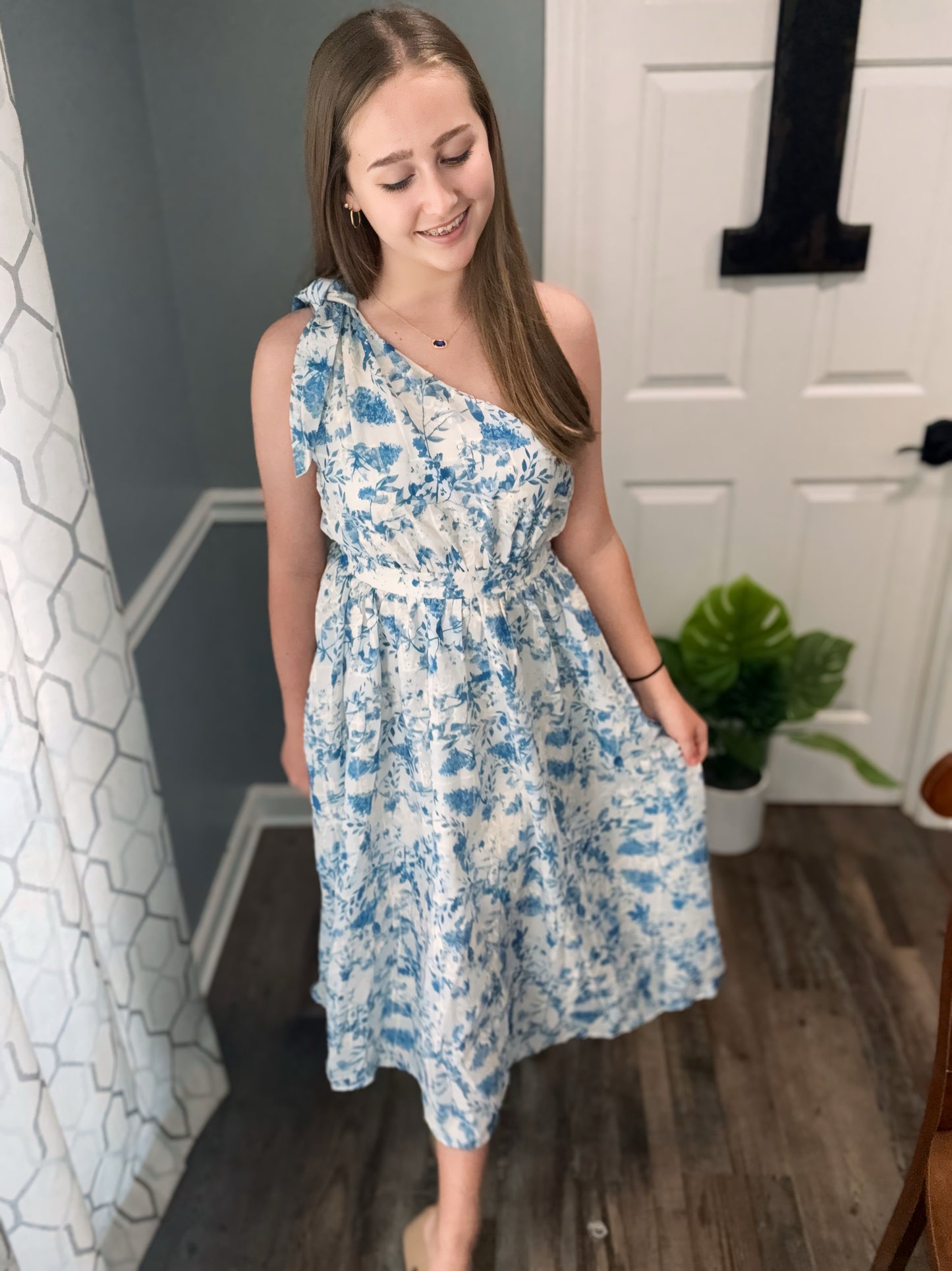 Blue and white one shoulder eyelet dress