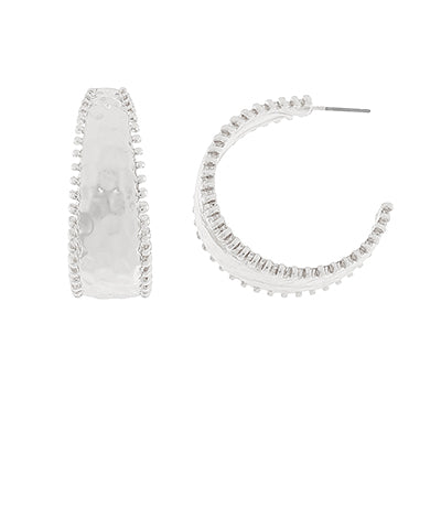 Silver Studded Trim Cresent Hoop Earrings