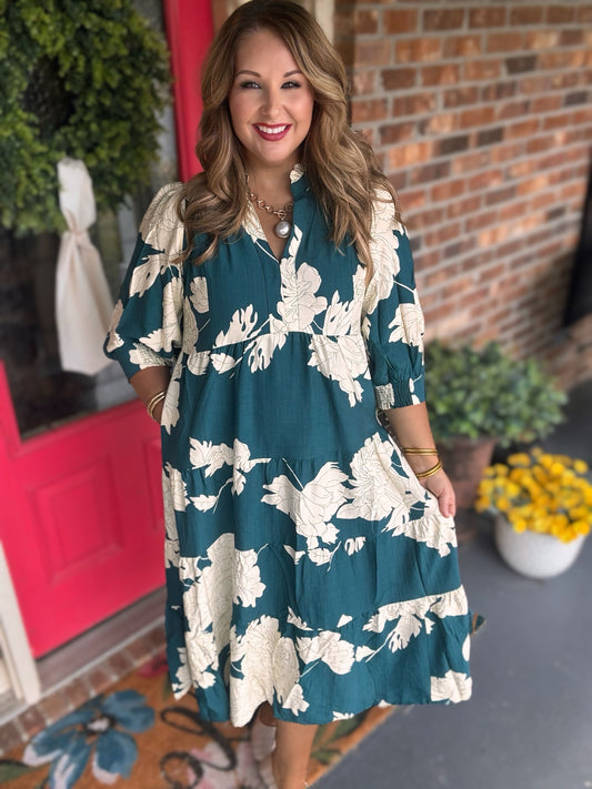 Umgee Teal Floral Tiered Maxi Dress