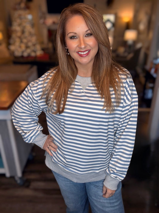 Denim Color Striped Oversized Knit Top