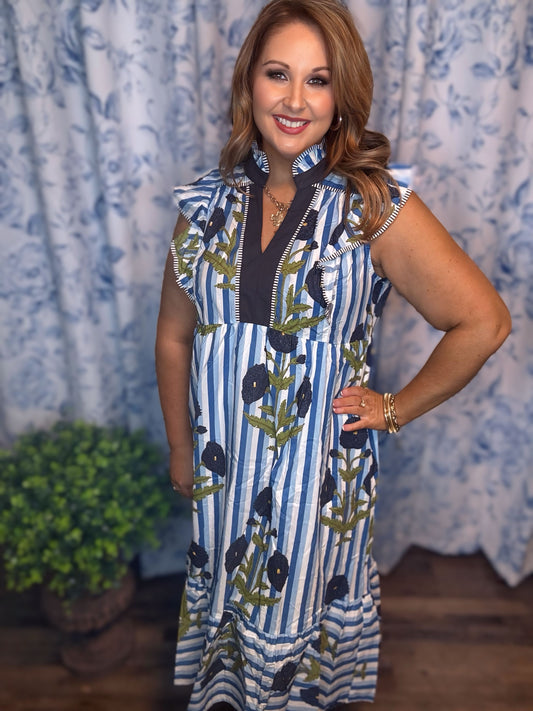 Umgee Mix Striped Floral Midi Dress