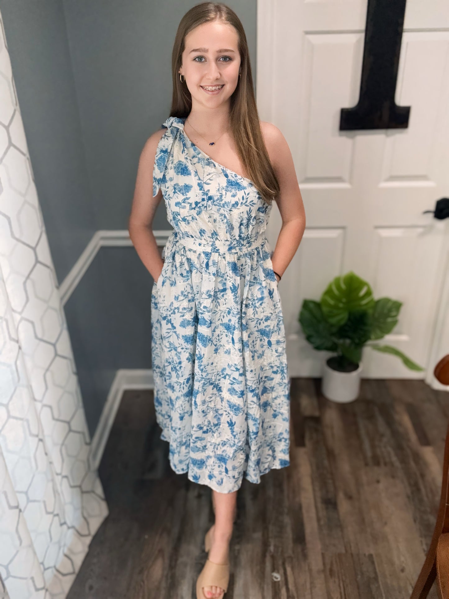 Blue and white one shoulder eyelet dress
