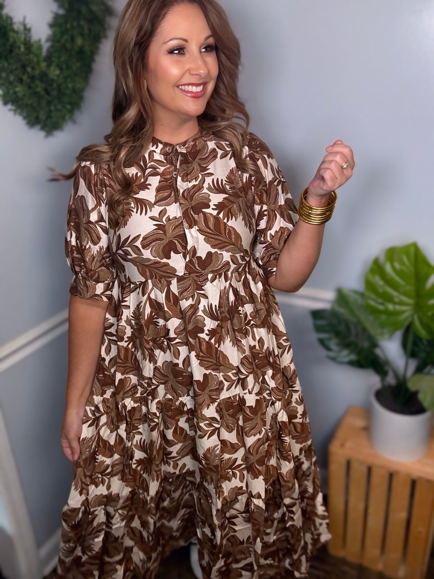 Boho Leaf Print Tiered Midi Dress-Brown