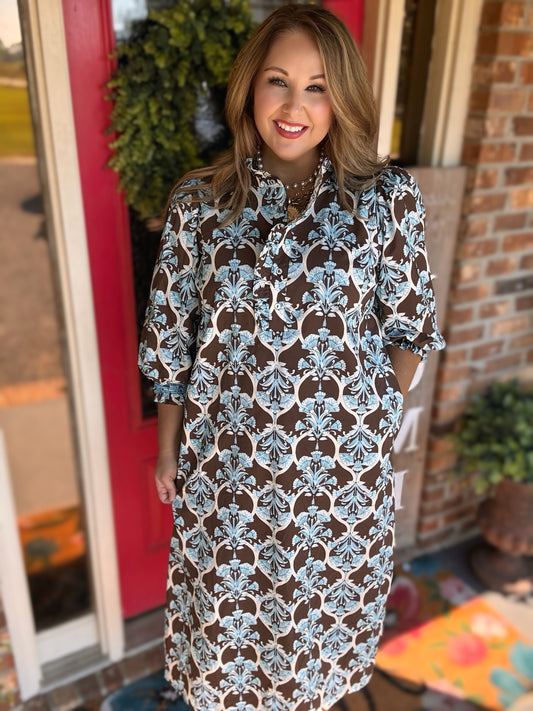 Entro Brown & Blue Printed Balloon Sleeve Midi Dress