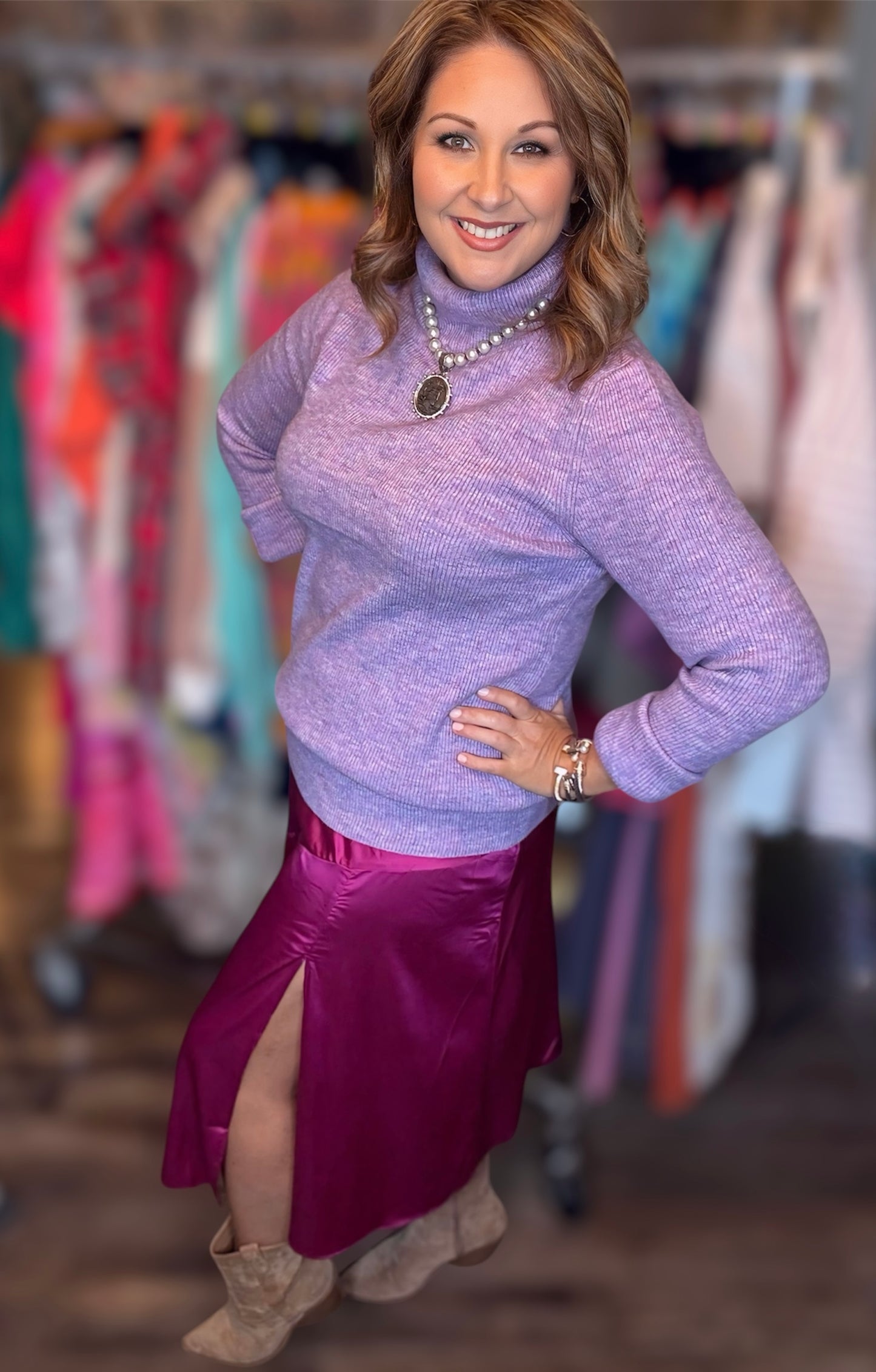 Plum Satin Midi Skirt