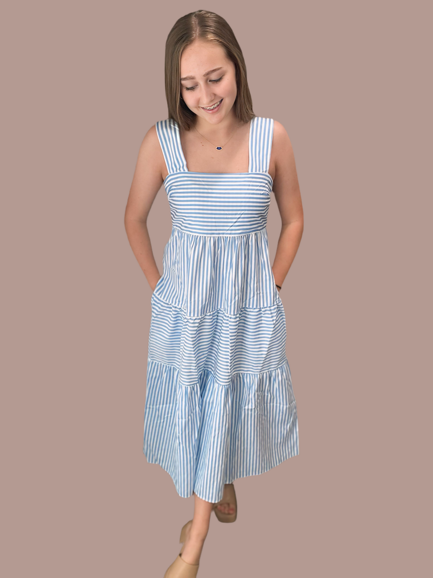 Blue striped multi tier midi dress