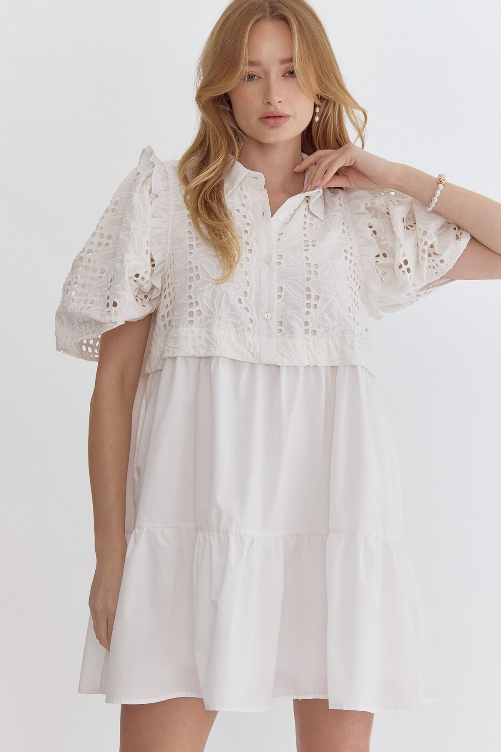 White Eyelet Crochet Ruffle Sleeve Dress