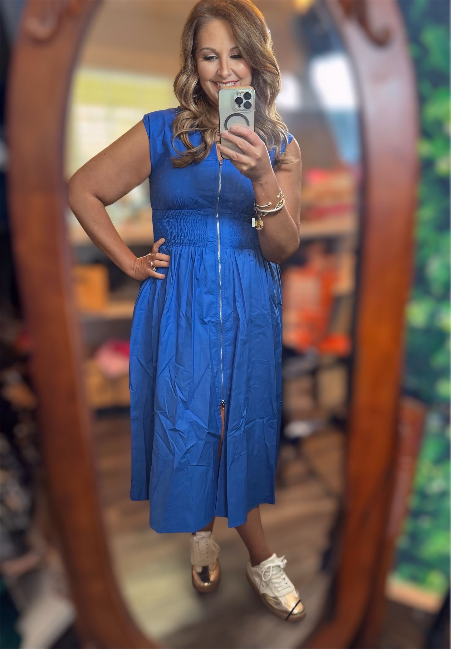 Blue Smocked Zip Dress