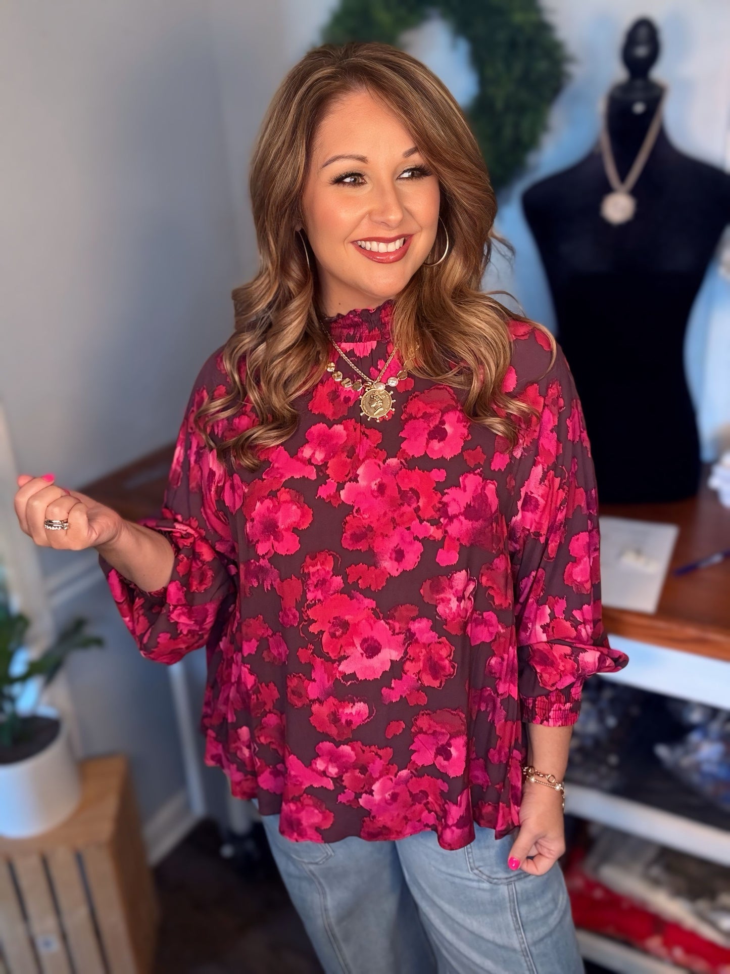 PLUM FLORAL PRINT MIRABELLE MOCK NECK WOVEN BLOUSE in
