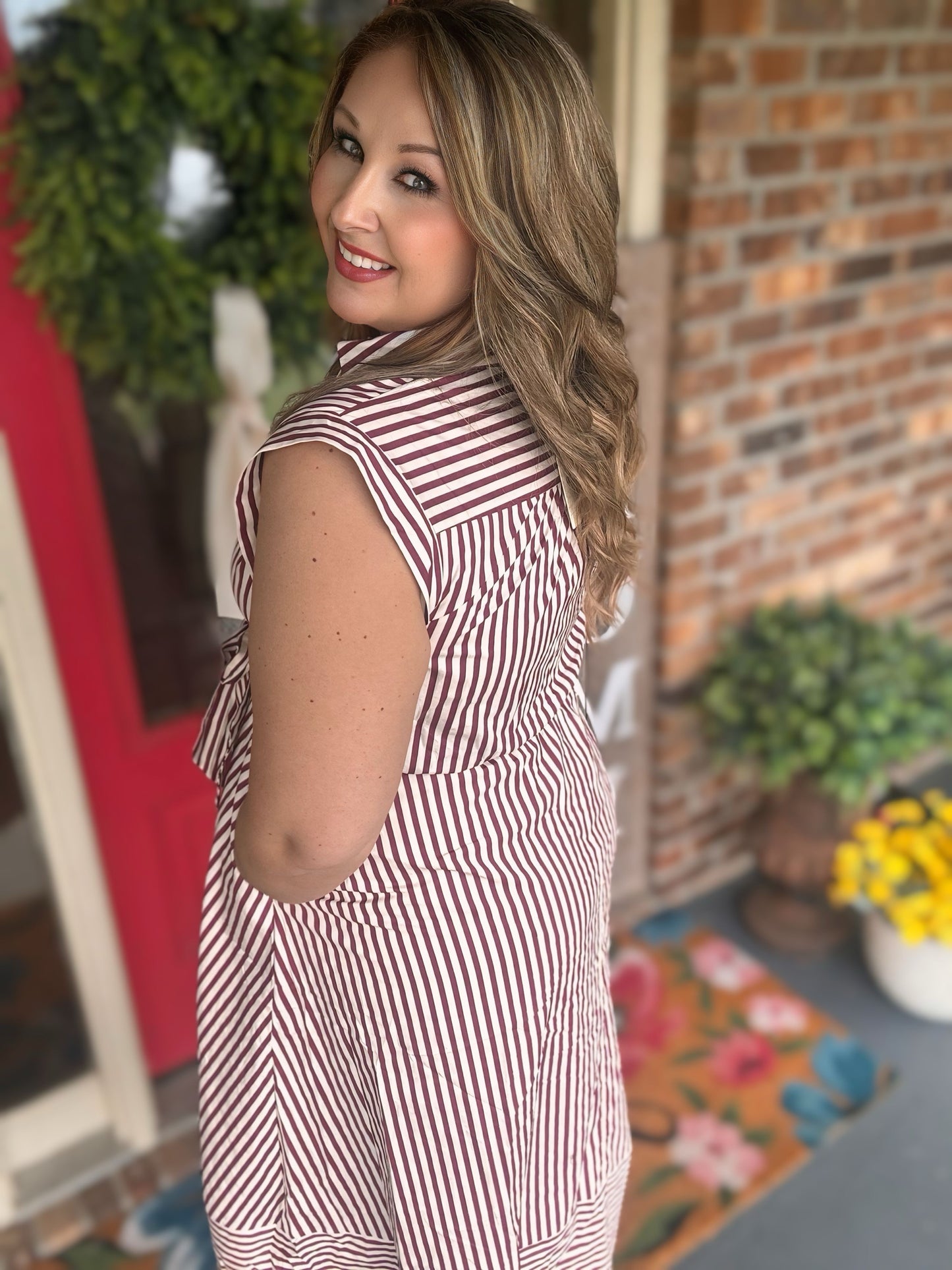 Entro Burgundy & Ivory Striped Game Day Midi Dress
