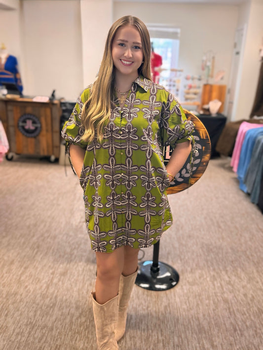 Entro Martini Olive Printed Mini Dress in