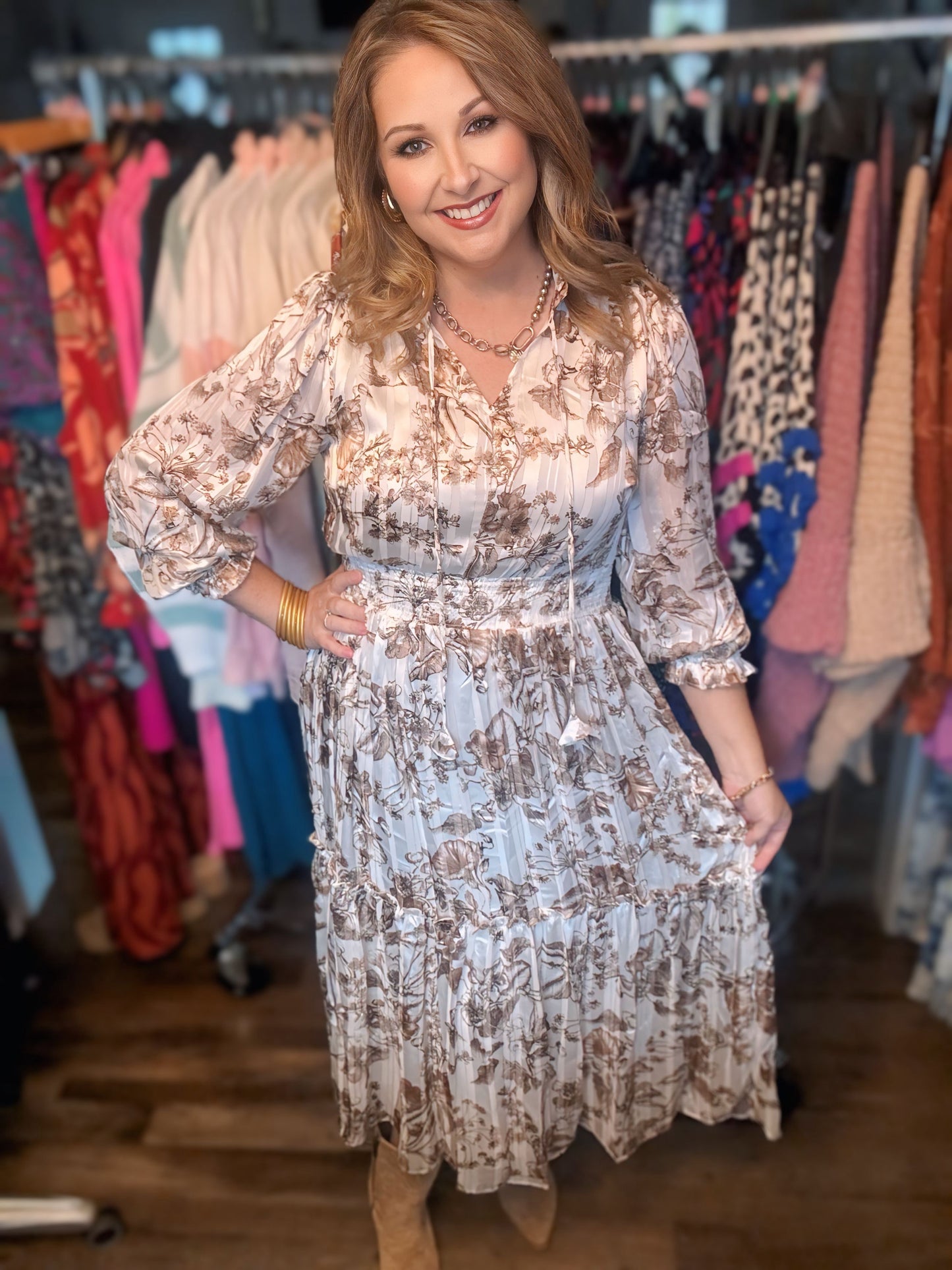 FLORAL PRINT MIDI DRESS - BROWN