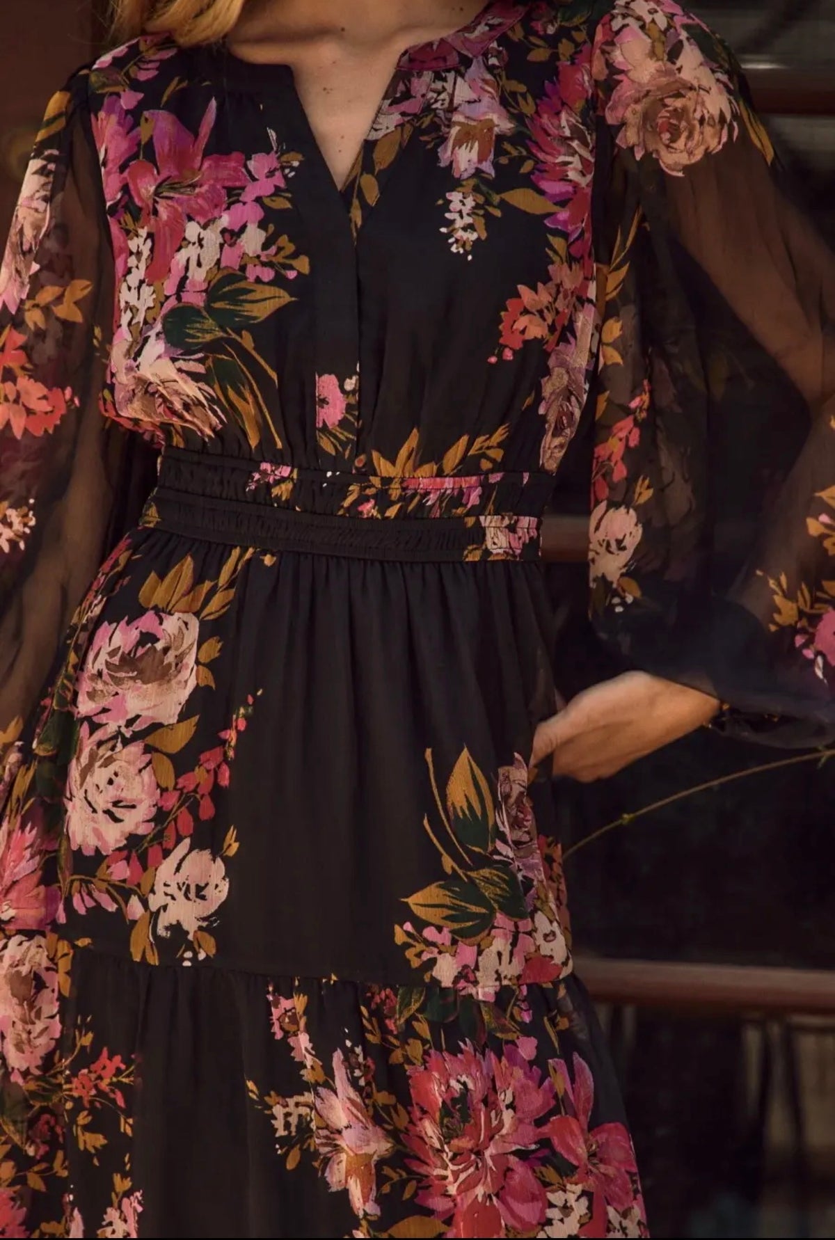 ODDI Black Floral Chiffon Midi Dress