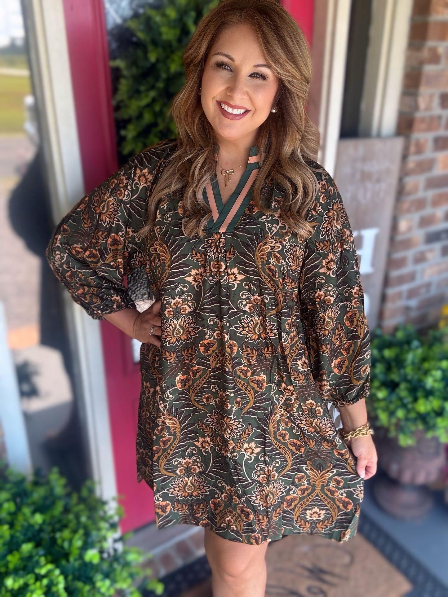 Floral Damask Print Collared Dress