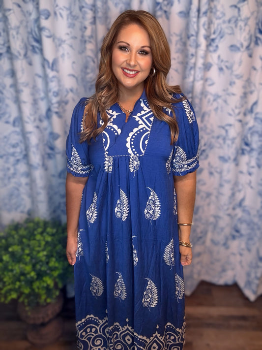 Umgee Blue & White Printed Midi Dress with Pockets