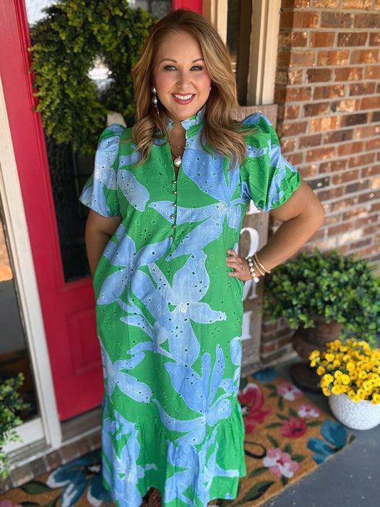 Botanical Puff Sleeve Midi Dress