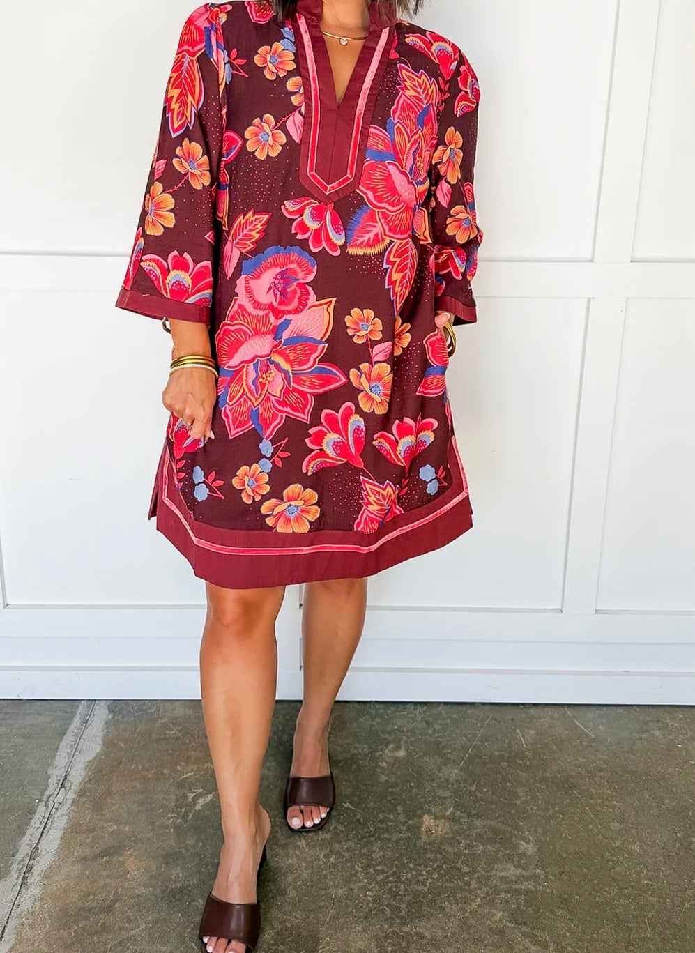 Jewel-Tone Floral Contrast Trim Dress