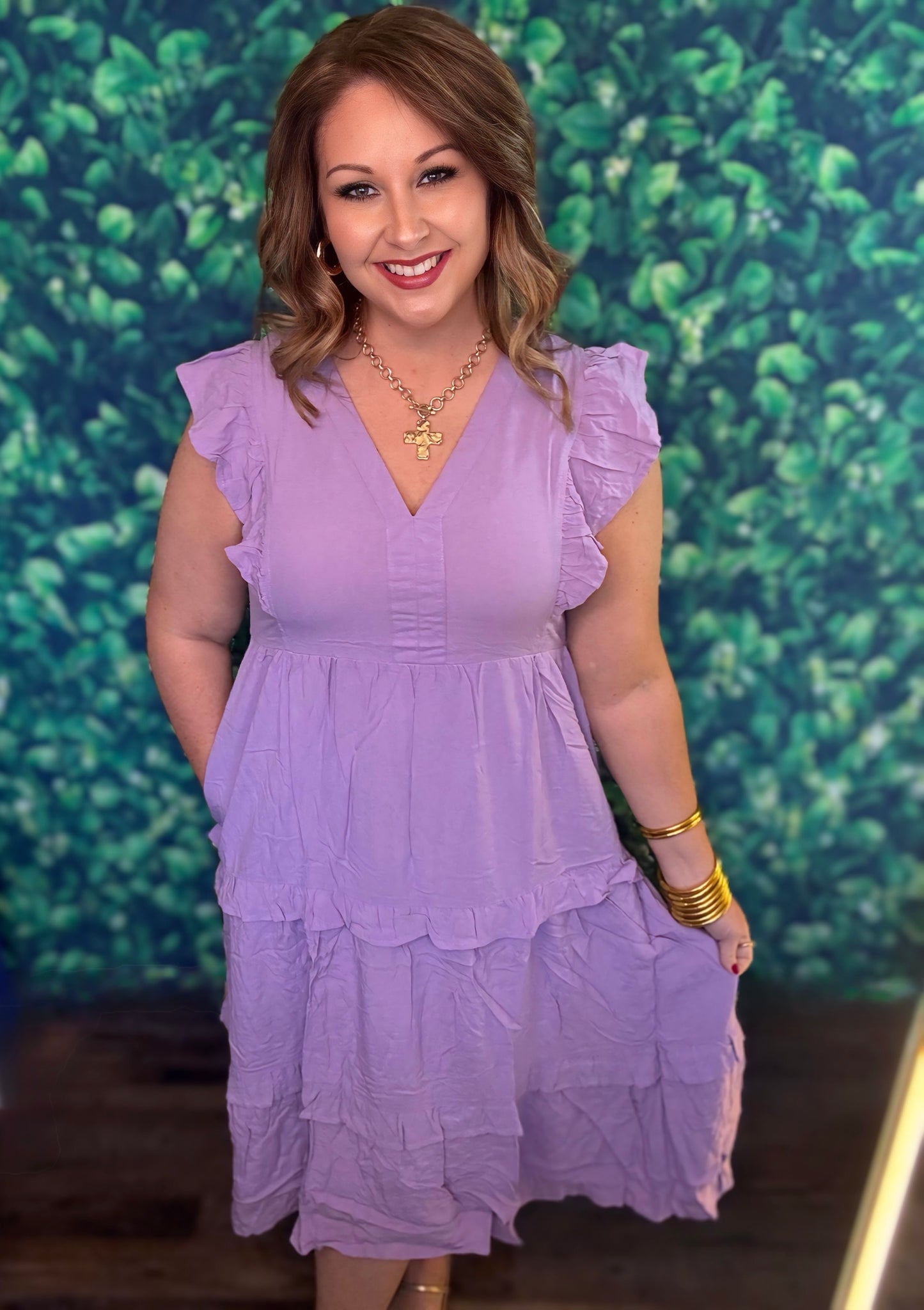 Lavender V-neck midi dress