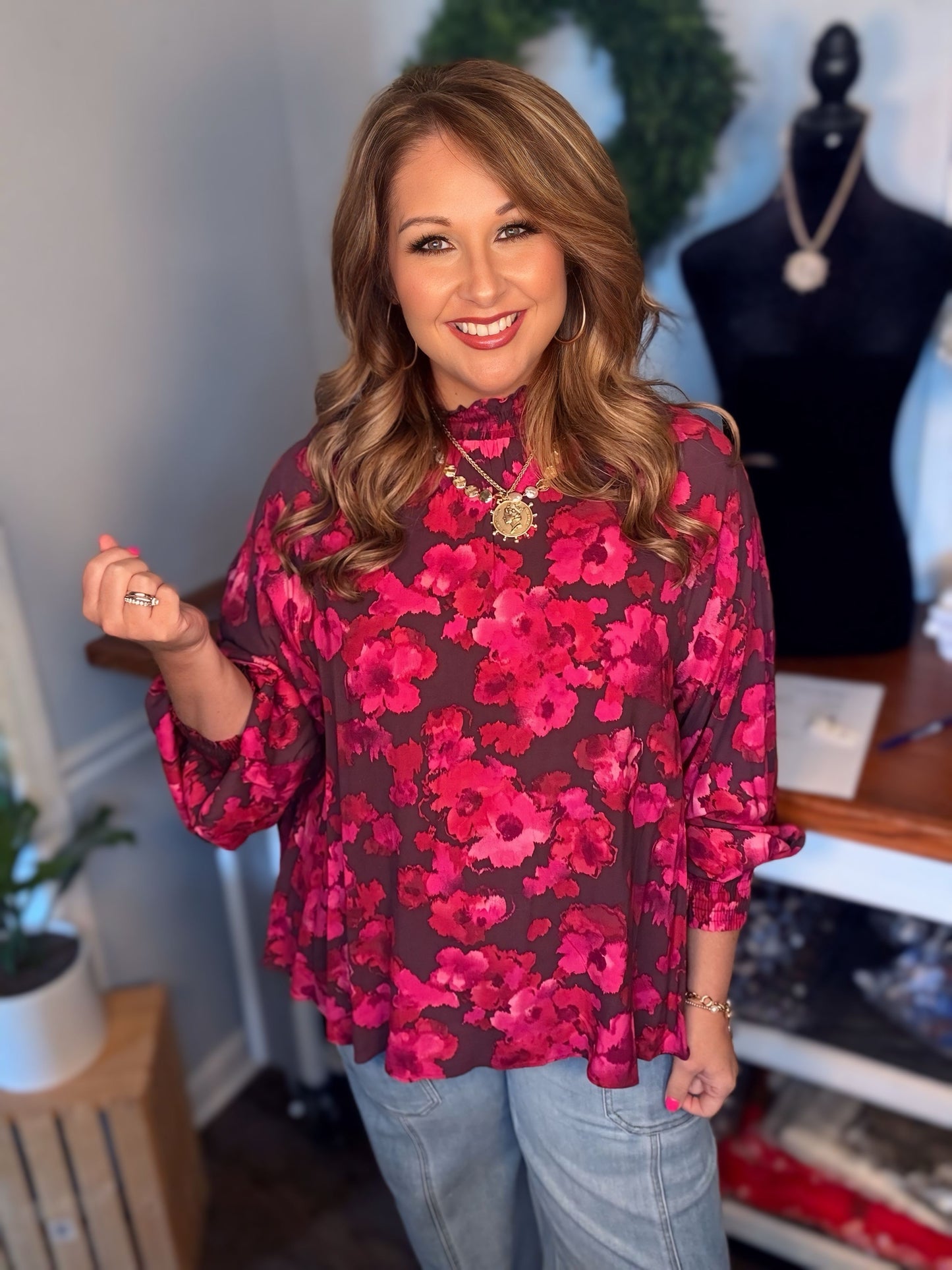 PLUM FLORAL PRINT MIRABELLE MOCK NECK WOVEN BLOUSE in