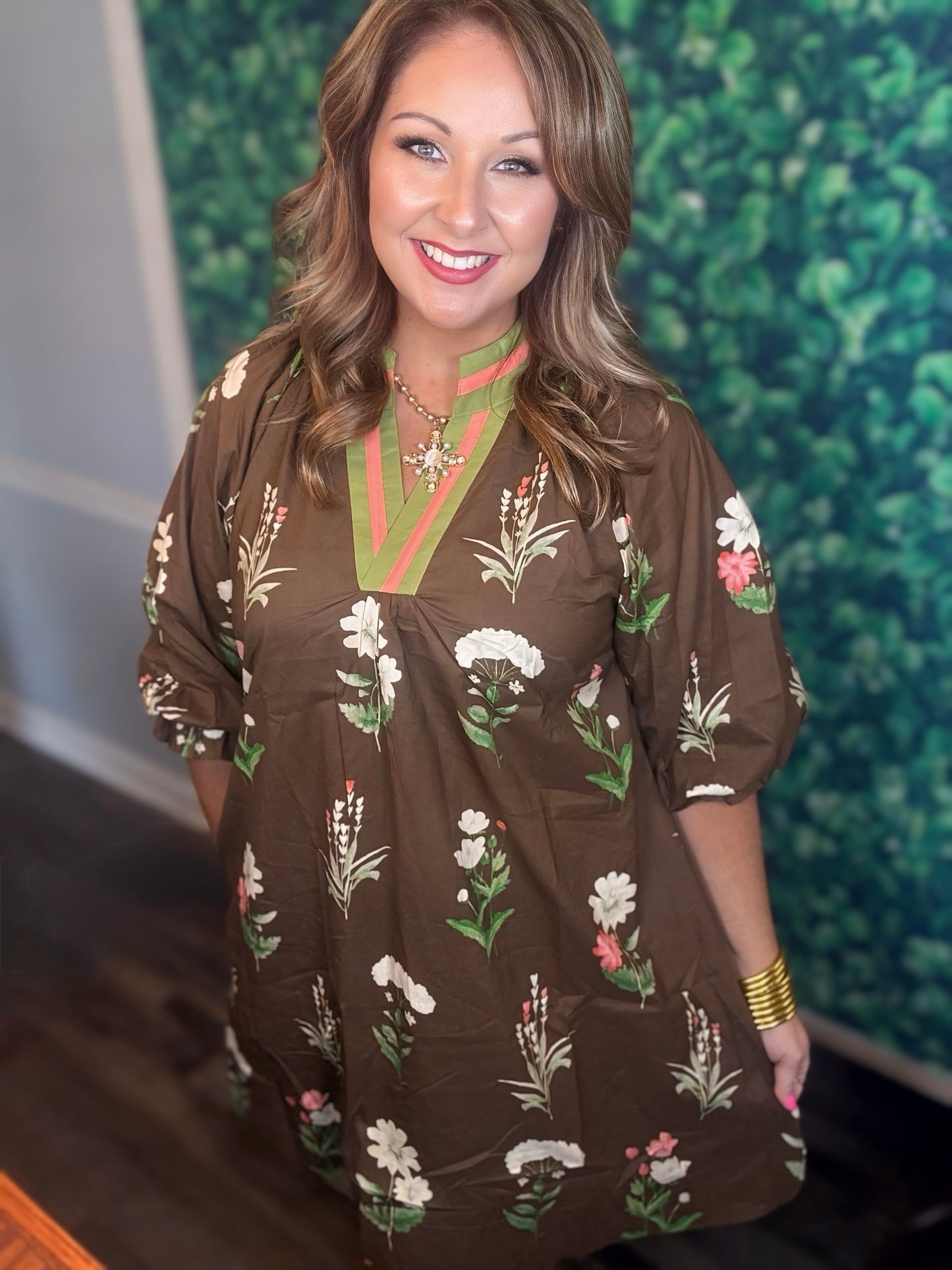 Floral Tunic Dress with Contrast Trim- Brown