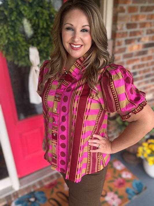 Entro Plum Mixed Print Ruffle Puff Sleeve Top