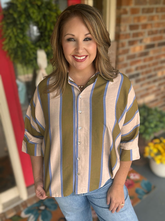 Entro Olive & Blue Striped Dolman Sleeve Top