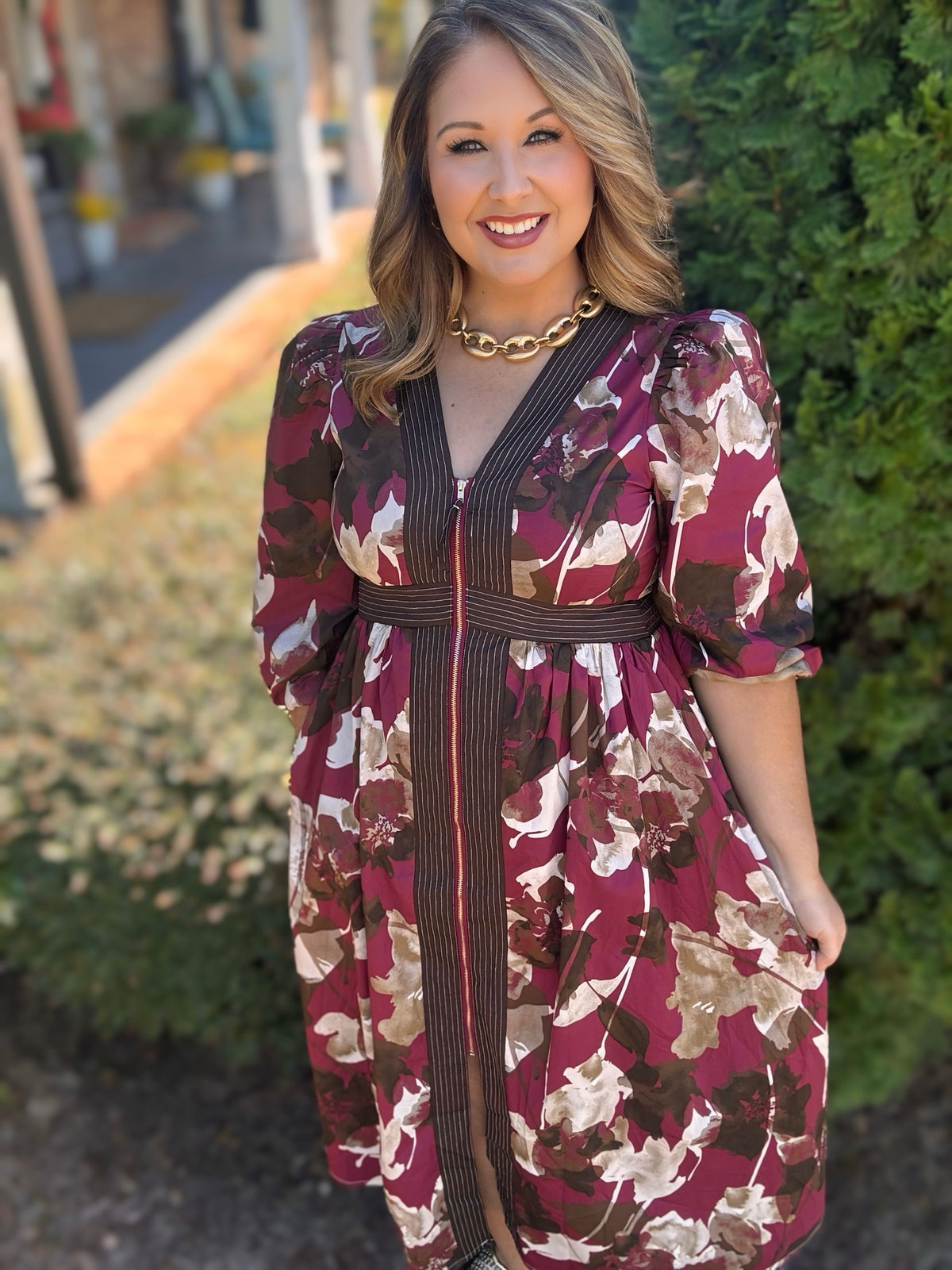 Entro Burgundy Floral Zip-Front Dres