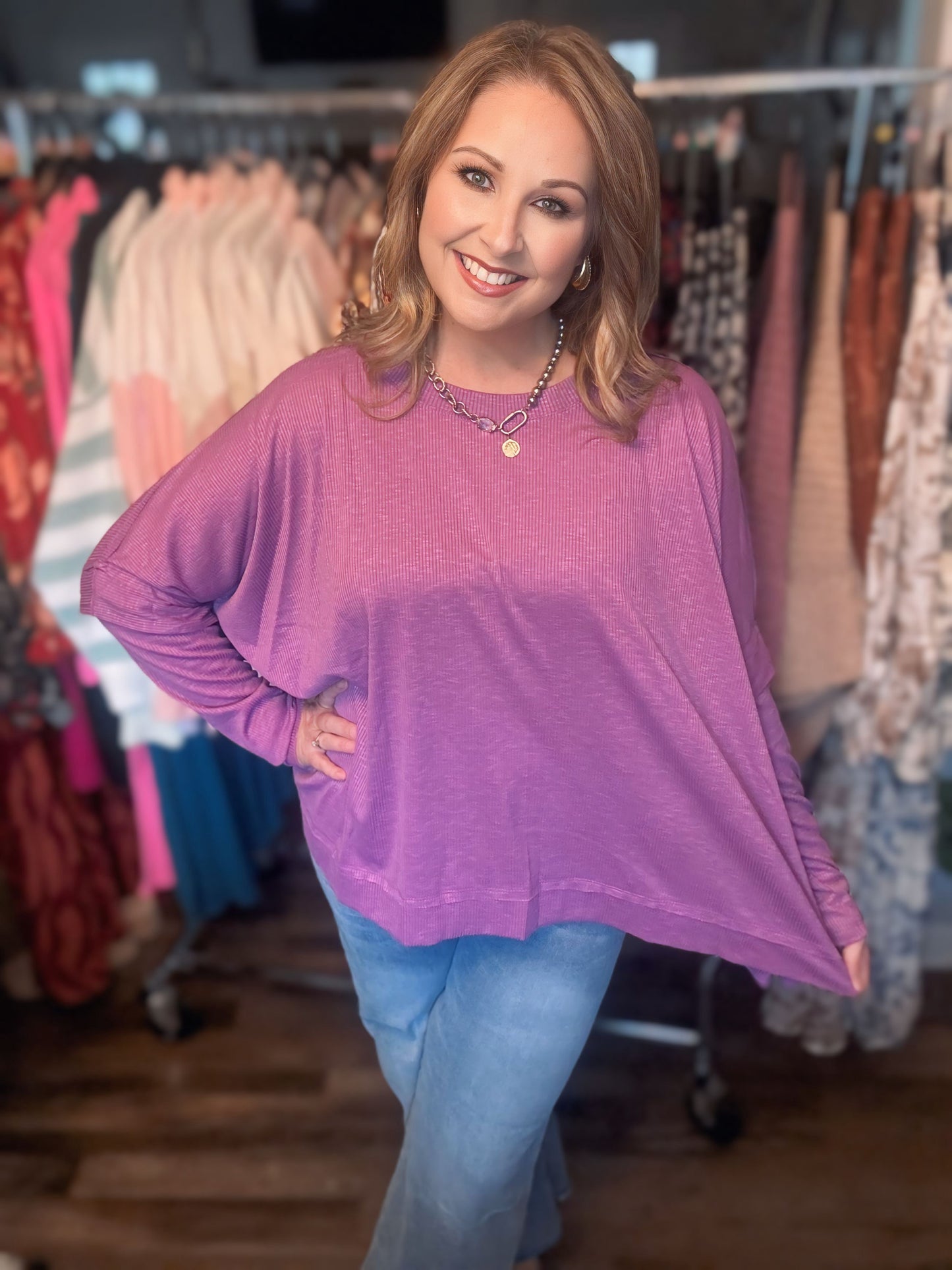 RIB KNIT OVERSIZED TOP- ORCHID