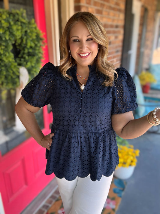 Navy Eyelet Top