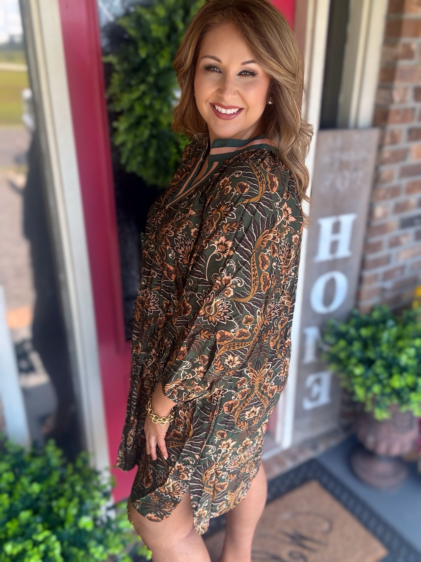Floral Damask Print Collared Dress
