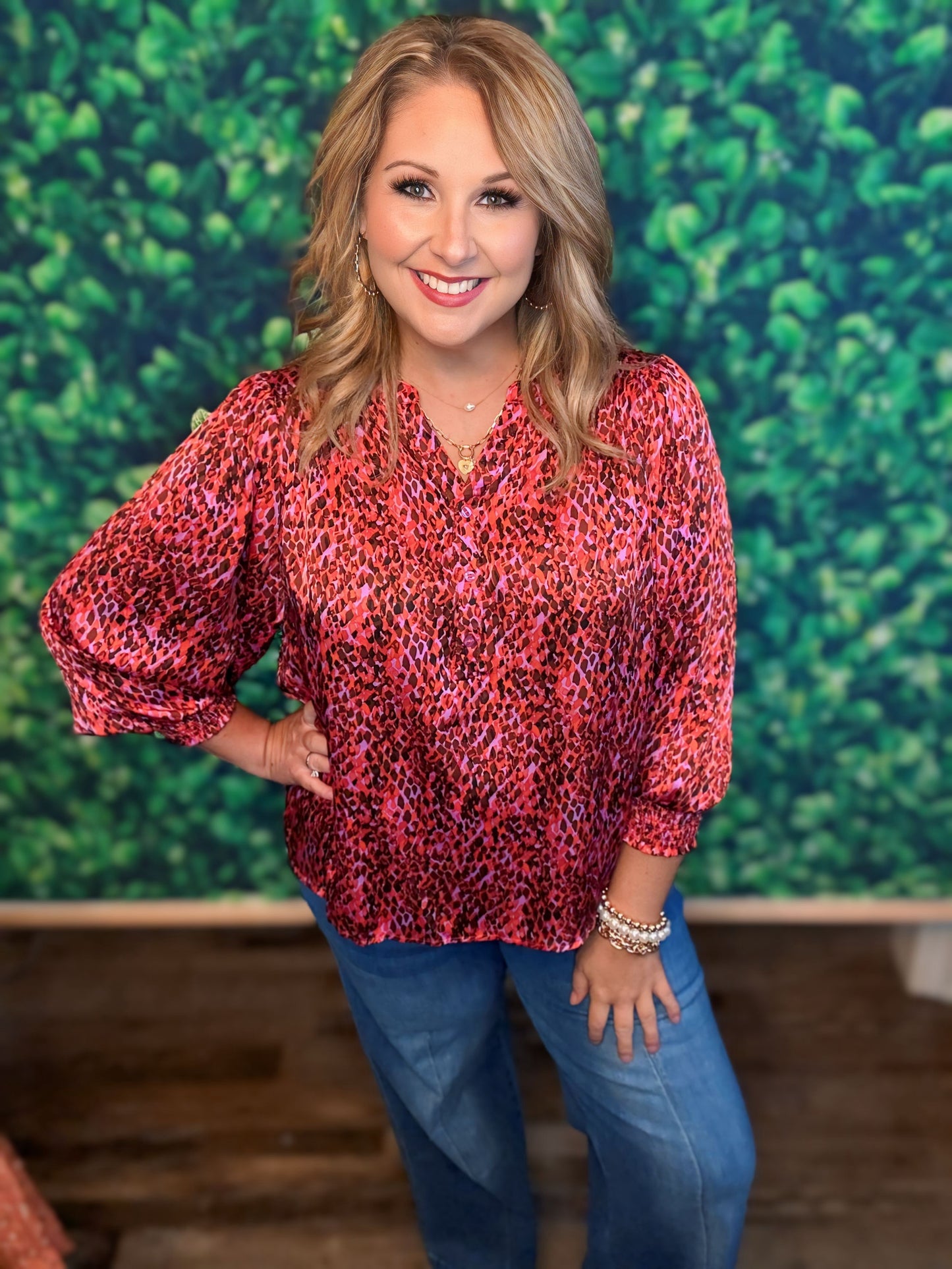 ABSTRACT PRINTED SATIN BLOUSE IN ORANGE
